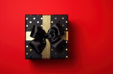 christmas gift bow and black box on red background