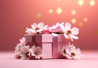 gift box containing gift and flowers on a pink background