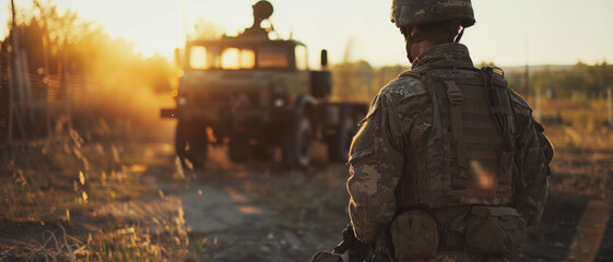 Back view of a soldier gazing towards a military vehicle at sunset, evoking a sense of duty and service - obrazy, fototapety, plakaty