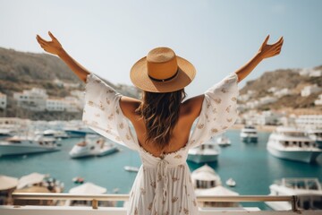 Joyful female tourist in santorini feeling free in white dress and hat
