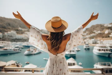 Foto auf Acrylglas Joyful female tourist in santorini feeling free in white dress and hat © katrin888
