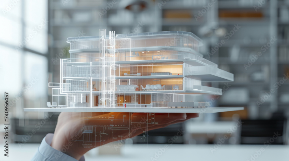 Poster holographic projection of a modern house architecture model being displayed above a person's open ha