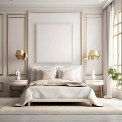 Mockup poster frame in white luxury bedroom interior, 3d render