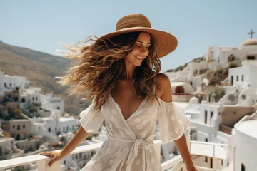 Poster Smiling female tourist in santorini wearing stylish white dress and hat enjoying summer vacation © katrin888
