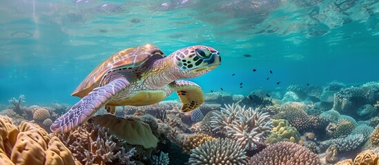 A sea turtle gracefully moves through the fluid underwater environment of a coral reef, surrounded by stony coral and marine biology