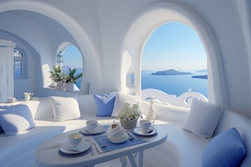 Luxurious hotel room in santorini with elegant interior decor and breathtaking sea view