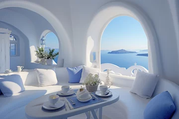 Fototapeten Luxurious hotel room in santorini with elegant interior decor and breathtaking sea view © katrin888