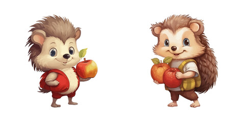 Cartoon Hedgehog Carries an Apple. Vector Illustration