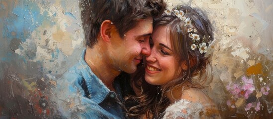 A photomontage showcasing a happy event with a man and woman hugging each other, smiling, and sharing a gesture of love. The art reflects fun and joy in a beautiful landscape