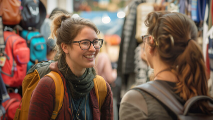 Travel bloggers sharing captivating stories and photos from their adventures at a Travel Fair