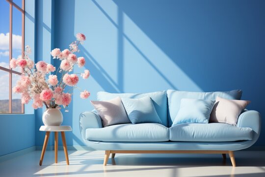 Shining summer harmony: a blue sofa in the arms of picturesque nature