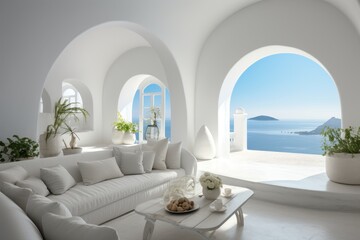 Fototapeta na wymiar Luxurious hotel room with elegant interior and breathtaking sea view in santorini