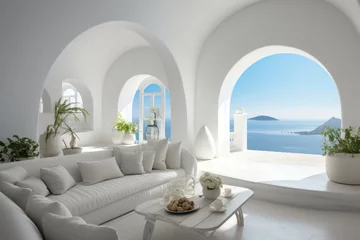Rolgordijnen Luxurious hotel room with elegant interior and breathtaking sea view in santorini © katrin888