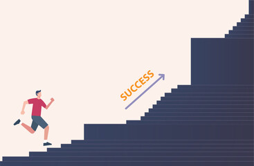 Determined Man Ascending Staircase Towards Success Arrow Illustration. Vector Illustration. 