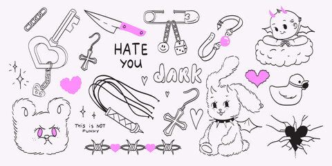 Set of bdsm doodles and retro badges with cute evil animals collage. Graffiti or tattoo handdrawn marker, wax crayon or brush paint sticker or emblem. Punk rock collection with emo, goth elements.