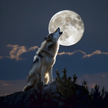 Wolf Howling in Intense Moonlight