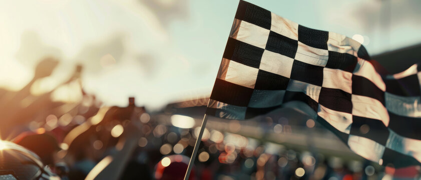 Racing checkered flags wave at a motorsport event, signaling high-speed competition and victory