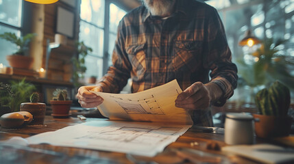 Architect reviewing plans of his design or architectural project in his studio or workspace.