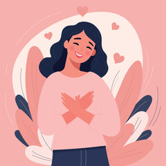 Self love concept. Woman hugging herself. Concept of self-love, encouragement, support, confident, mental well-being, healthy, self-hugging. Vector illustration in flat style.