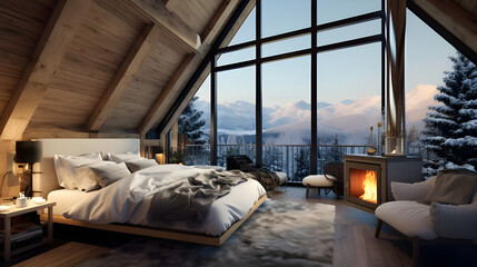 A cozy living room with a white bed in an eco retreat nestled amidst snowy peaks, with floor-to-ceiling windows offering panoramic views of the winter landscape and comfortable seating arrangements.