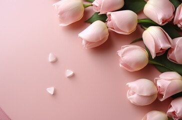 pink heart shaped gift box and tulips on a pink background