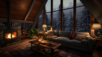  A cozy living room in an eco-conscious cabin tucked away in the snowy forest, with a crackling fire in the hearth.