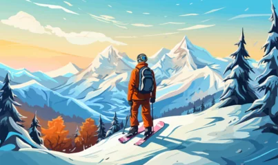 Poster Snowboarding illustration vector landscape sport mountain winter leisure lifestyle concept © Влада Яковенко