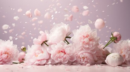 pink peonies arranged among white branches, leaves and confetti
