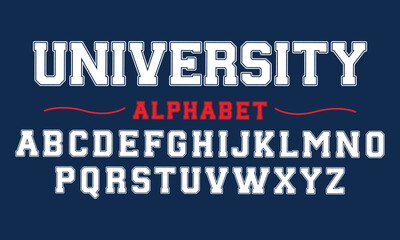 Fototapeta na wymiar Editable typeface vector. University sport font in american style for football, baseball or basketball logos and t-shirt. 