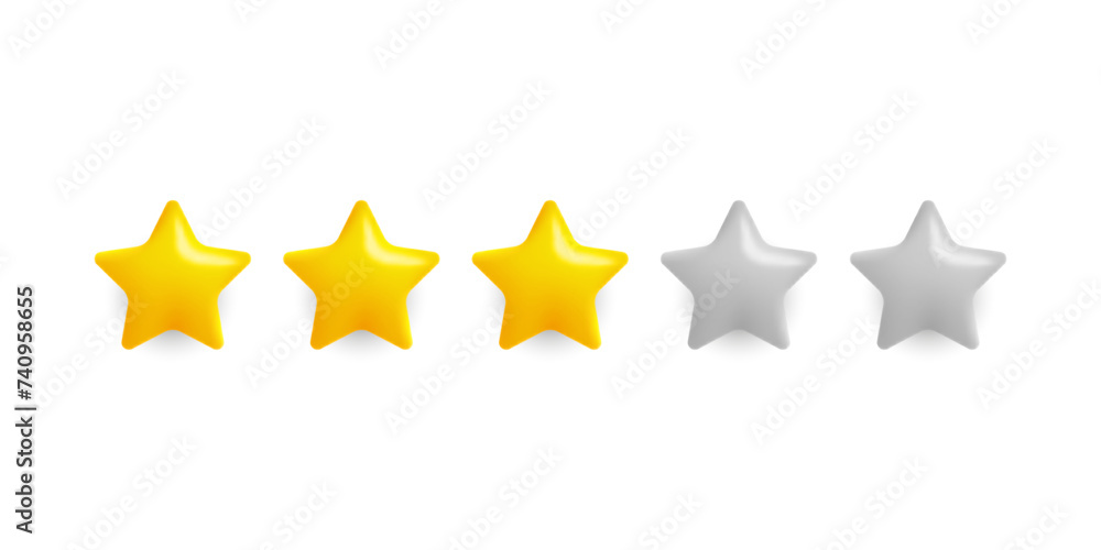 Poster 3d five stars of which three are gold isolated on white background. Concept of rating from customer and feedback. Five star ranking. 3D cartoon icon for mobile app and web design. Vector illustration.