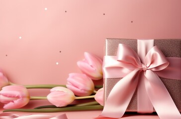 pink tulips with a bow and flowers on a pink background