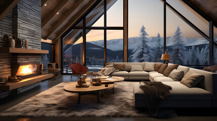 A cozy living room in an eco retreat nestled amidst snowy peaks, with floor-to-ceiling windows...