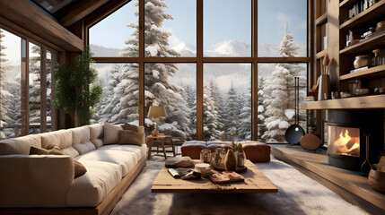 A picturesque living room in an eco-friendly house surrounded by snowy landscapes, with natural wood accents and earthy decor creating a warm and inviting space for winter relaxation.