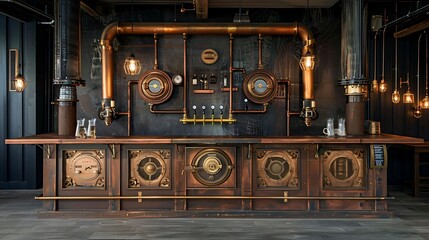 Steampunk inspired reception front desk design with brass pipes and vintage gauges - obrazy, fototapety, plakaty