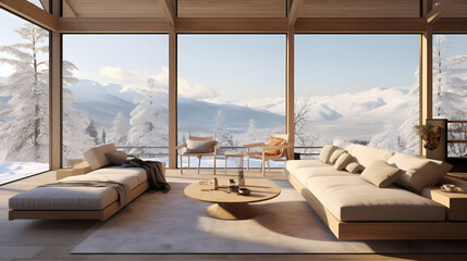 Obraz premium A serene living room in a sustainable eco home, with panoramic windows offering breathtaking view of snow-covered mountains and cozy seating arrangements inviting guests to unwind and enjoy the winter