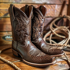 Cowboystiefel, braun, leder, paar, western, stil, lasso,  seil im hintergrund, holzwand, cowboy boots, brown, leather, pair, western, style, lasso, rope in background, wooden wall