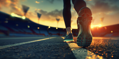 Focus on running shoes of athletic runner training in stadium at sunset, preparing for sports competition, olympic games - 740959027