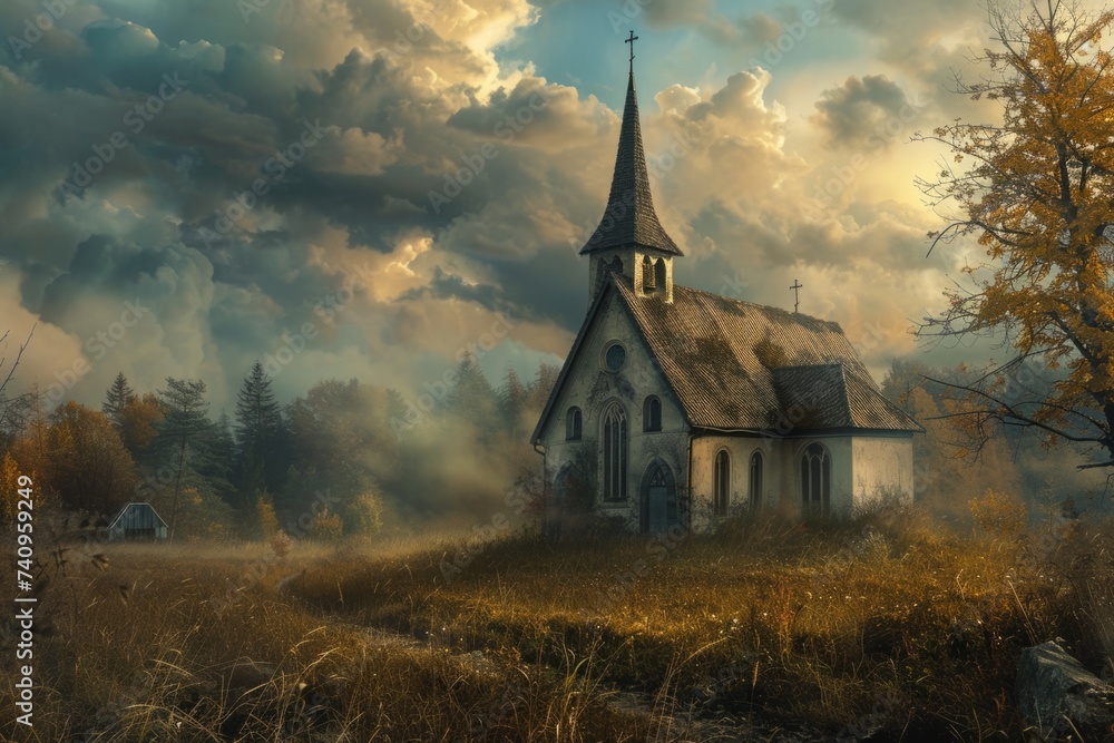 Poster a pretty church in the middle of a rugged field with an empty church generative ai