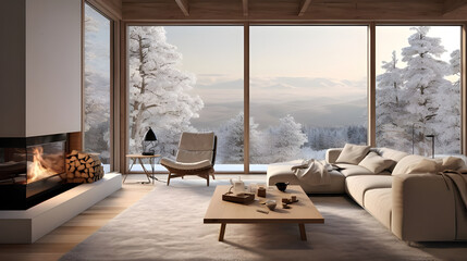 A serene living room in a sustainable eco home, with panoramic windows showcasing snowy landscapes and minimalist decor elements creating a peaceful ambiance for winter relaxation.