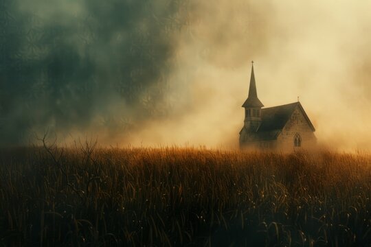 a church with a steeple standing across the field Generative AI