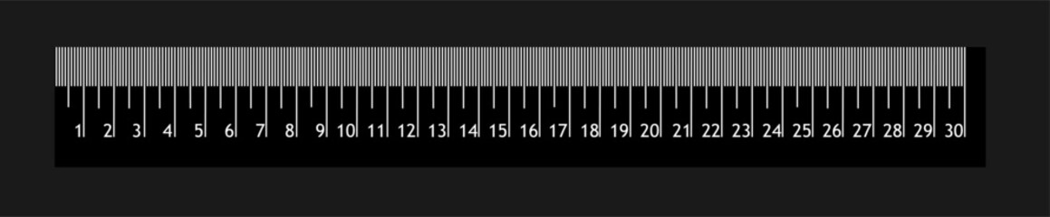 A 30 centimeter long ruler or scale  isolated on a black background. It is an instrument used to make length measurements, whereby a user estimates a length by reading from a series of markings on it 