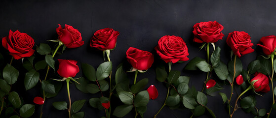 red roses on black background with copy space
