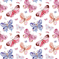 Butterflies watercolor seamless pattern. Colored butterflies. Moths, insects. Butterflies background. Summer, spring. Vintage. For printing on fabric, textiles, packaging paper, covers, dishes, cards