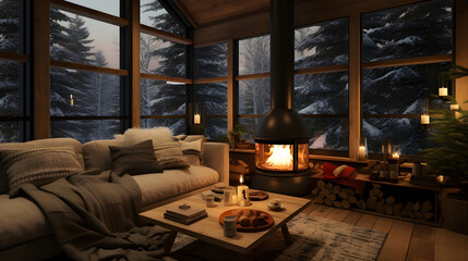 A charming living room in a cozy eco cabin nestled in a snowy forest and perfect for winter relaxation.