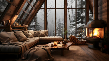 A charming living room with fireplace in a cozy eco cabin nestled in a snowy forest.