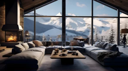 Fotobehang modern cozy living room in eco house with fireplace and surrounded by snow-capped mountains. © Abbas Samar shad