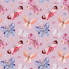 Delicate butterflies watercolor seamless pattern. Moths, insects. Butterflies print. Pink background. Summer, spring. Vintage. For printing on fabric, textiles, packaging paper, covers, dishes, cards