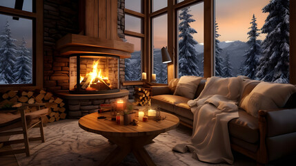 Cozy modern winter living room in an eco house with modern fireplace.