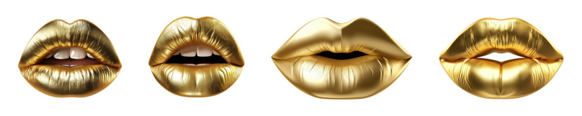 Collection set of golden lips isolated on transparent or white background, png