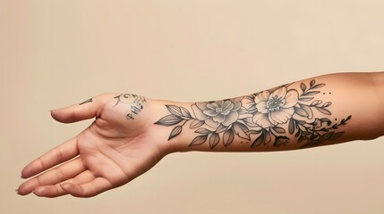 The trend of tattoos on a girl s hand reflects the spirit of freedom, rebellion and uniqueness. Banner of a delicate tattoo on a beige background.